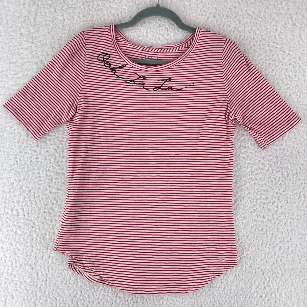 LOFT Vintage Soft Red Striped Shirt Womens Embroidered‎ Short Sleeve Size Small